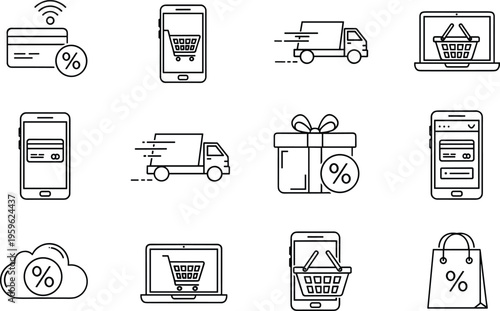 E-commerce shopping icons, online payment silhouettes, mobile commerce illustration, fast delivery graphics, discount shopping symbols, digital retail icons, modern shopping design