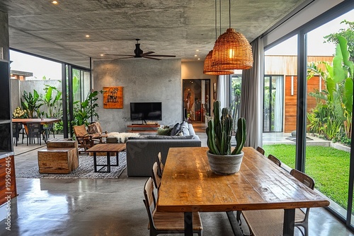Beautiful interior design of a modern living room and dining area in an apartment with a concrete ceiling, cactus plant decor, and a coffee table, grey sofa, chairs, and industrial-style home decorati