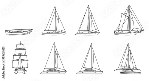 Line art illustration featuring various sailing boats and a small steamship