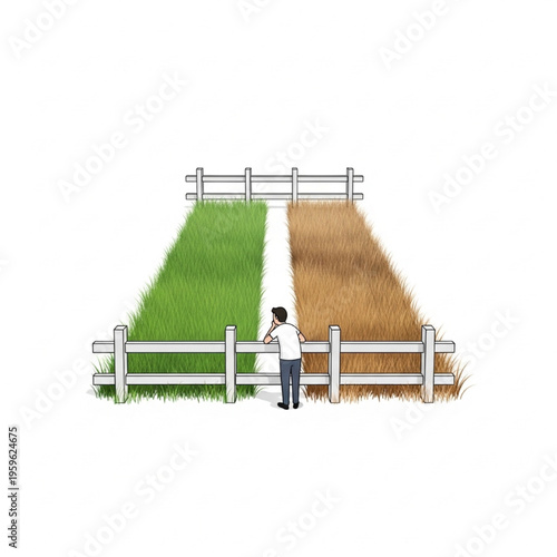 Grass Is Greener Concept Fence Division Comparison Perception Contrast Vector Illustration
