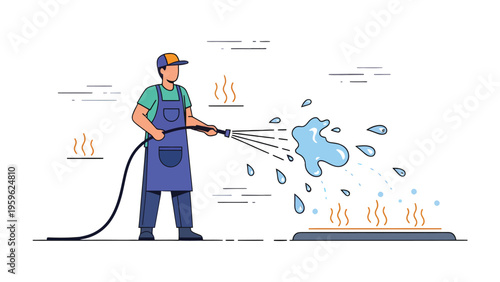 Cooling Down the Heat: A determined worker uses a water hose to extinguish flames, a powerful illustration of control and crisis management.