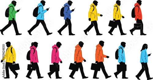 Stylized vector silhouettes of diverse people walking with backpacks, briefcases, smartphones, colorful jackets, urban lifestyle, technology use, and modern commute design