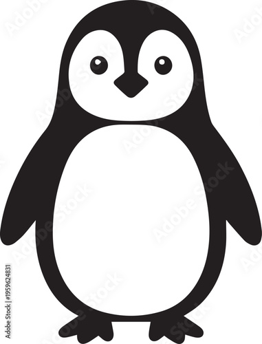 A minimalist cartoon illustration captures a charming penguin, rendered in contrasting black and white, standing upright.