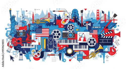 Vibrant collage of various iconic American symbols and film industry elements in red, white, and blue hues against a clean white background.