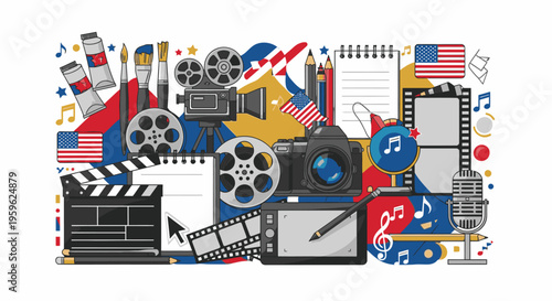 Collage of film and music production elements with clapperboard, film reels, microphone, and musical notes on a colorful background with American flags.
