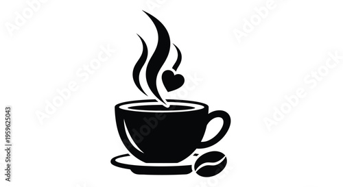 A black and white illustration of a coffee cup with steam and a coffee bean