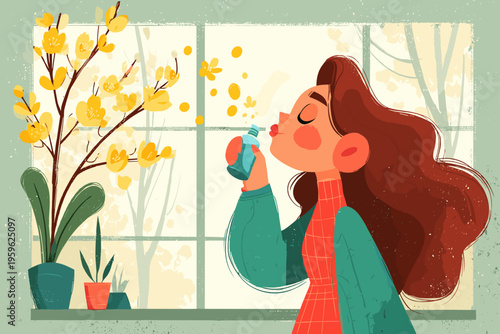 Woman Relieving Spring Allergies with Nasal Spray