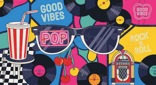 Vibrant flat lay of music and fashion items including records, sunglasses, and soda cup on a colorful background with rock and roll themed text.