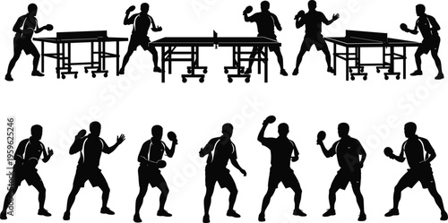 Table tennis player silhouette collection with ping pong action poses and match scenes, sport athlete vector set isolated on white