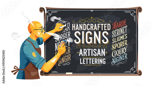 Artisan Crafting Handcrafted Signs: An artisan, engrossed in his craft, meticulously crafts a sign with the timeless appeal of artistry and lettering