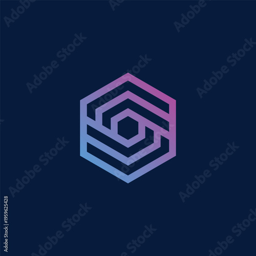 Abstract Hexagon Logo with Gradient Lines on Dark Blue Background
