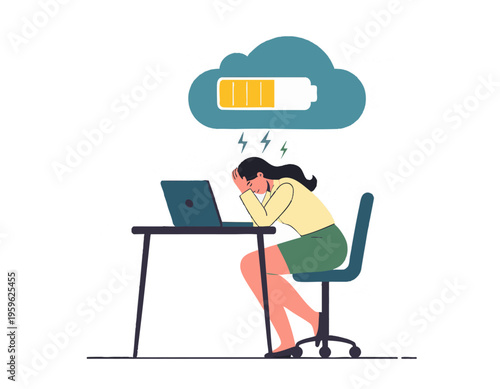 flat vector illustration of a tired office worker sitting at a desk