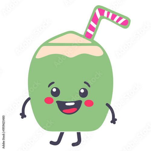 A cheerful cartoon coconut drink with a candy cane straw and a happy face