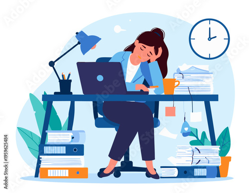 flat vector illustration of a tired office worker sitting at desk
