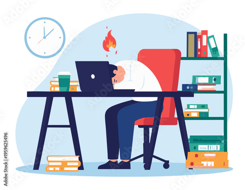 flat vector illustration of a tired office worker sitting at desk