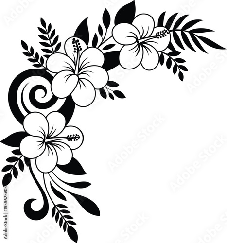 Elegant Tropical Hibiscus Floral Vector Corner Design with Leaves and Swirl Ornament Black Silhouette