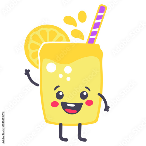 A cheerful cartoon lemonade character with a straw and lemon slice