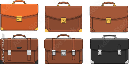 PrintVector illustration of six briefcases featuring modern and classic designs, gold and silver locks, professional accessories, fashion style, and business artwork