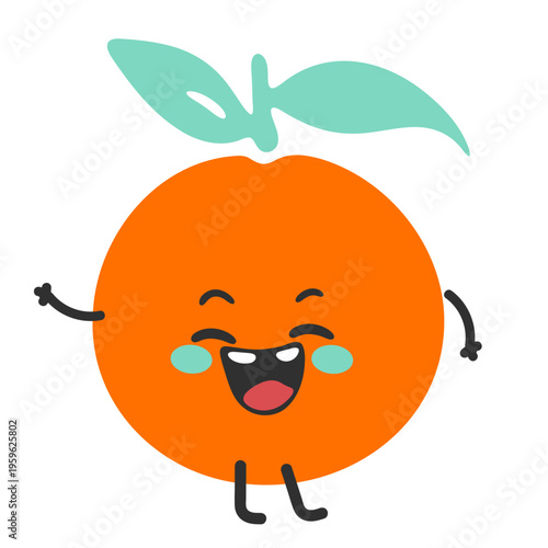 A cheerful cartoon orange character with a happy face and green leaves on a white background