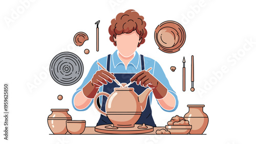 Artisan Crafting Pottery: An artisan meticulously shapes and refines a ceramic teapot with skilled hands, surrounded by tools and works-in-progress, embodying dedication and the art of craftsmanship.