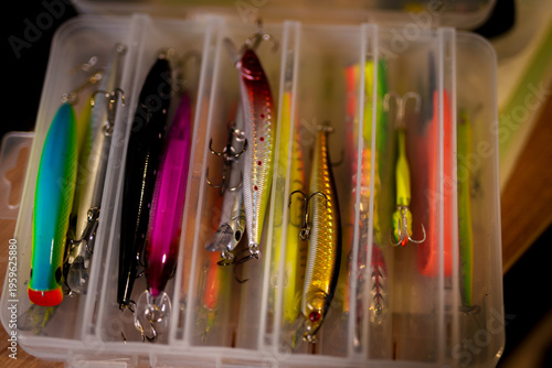 Quadro su tela Fishing wobblers for predatory fish of various colors and patterns