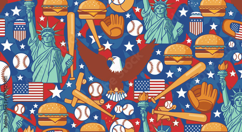 Vibrant pattern of American icons including the Statue of Liberty, eagles, baseballs, and burgers on a blue background with white stars and red accents.