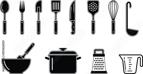 Set of kitchen utensil silhouettes including spoon, fork, spatula, knife, whisk, ladle, pot, grater, and measuring cup vector icons