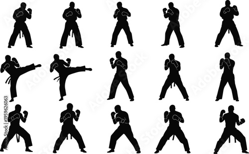 Set of karate fighter silhouettes in multiple combat stances and kicking poses, black vector collection for martial arts training and self defense design