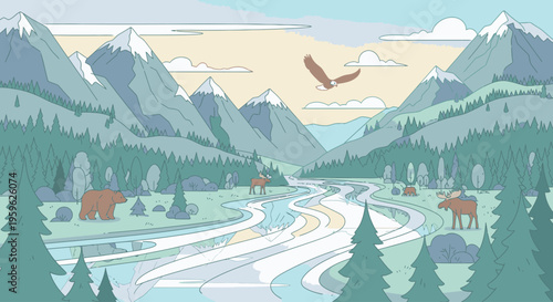Illustration of a serene mountain landscape with a winding river, featuring bears, trees, and an eagle in flight against a sunny sky with mountains.