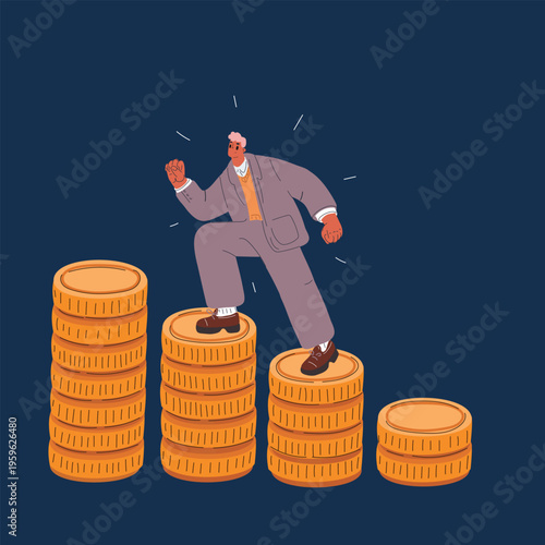 Cartoon vector illustration of man stepping up stacks of coins, concept of financial growth, ambition and success