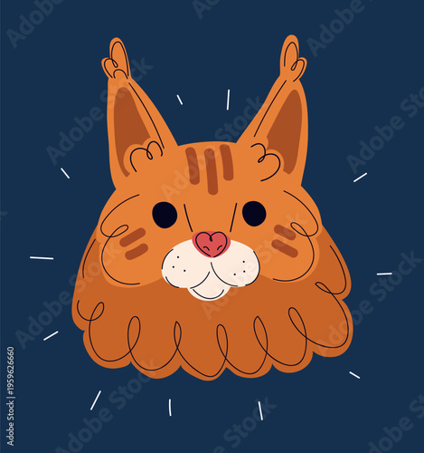 Cartoon vector illustration of Maine Coon cat face, concept of pet, cuteness and majestic appearance