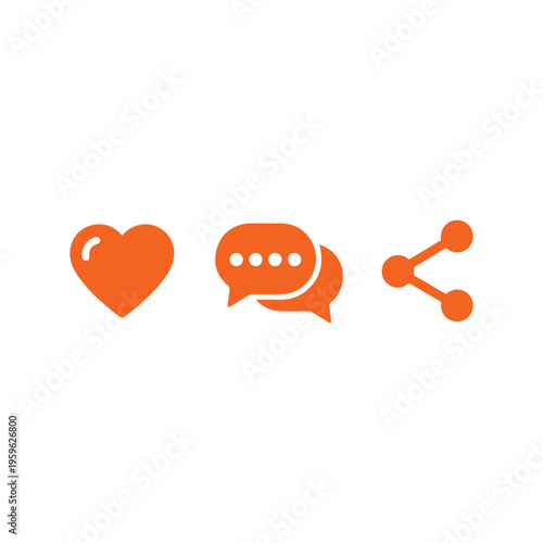 Orange heart icon for liking, paired with speech bubbles and a share symbol, conveys user interaction elements.