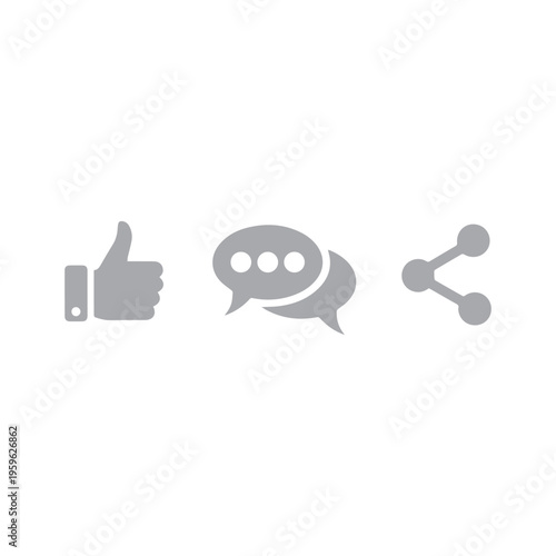 Monochrome grey icons illustrate the concepts of approval, discussion, and content distribution on a white surface.