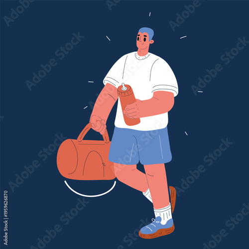Cartoon vector illustration of person with sports bag walking to workout holding water bottle, concept of fitness, healthy lifestyle and motivation