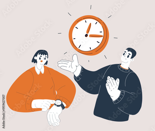 Cartoon vector illustration of man holding clock dial above head and woman pointing at watch on wrist, concept of time management, punctuality and coordination