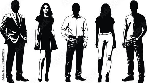 Fashion silhouette icons, business attire illustration, casual clothing silhouettes, formal wear figures, retro fashion silhouettes, modern outfit icons, style design graphics