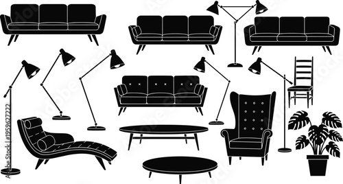 Furniture silhouette icons, modern sofa silhouettes, classic armchair illustration, home decor silhouettes, coffee table icons, floor lamp silhouettes, potted plant design