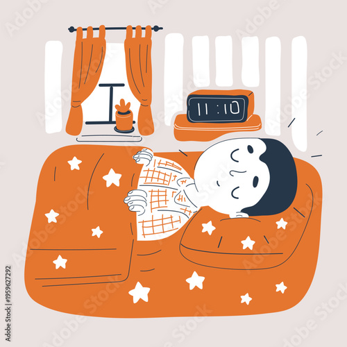 Cartoon vector illustration of boy sleeping, concept of rest, dreams and peacefulness