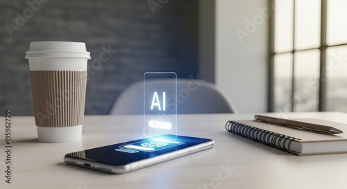 Modern smartphone lying flat on a wooden office desk featuring a glowing digital AI holographic interface projection, positioned next to a takeaway coffee cup, notebook, and pen.