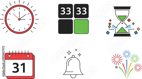 Time and celebration icon set featuring clock calendar hourglass counter bell fireworks and countdown symbols in modern flat vector style isolated
