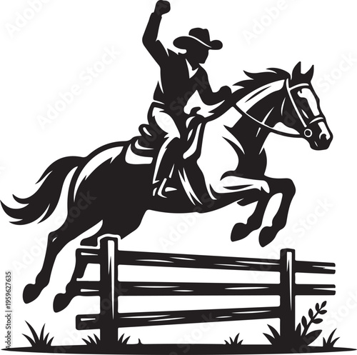 Cowboy on horseback jumping over a fence, capturing the spirit of rodeo and equestrian sport, show jumping
