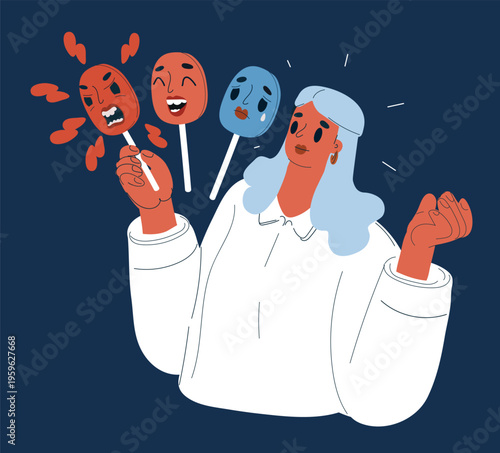 Cartoon vector illustration of woman changing masks showing anger, happiness and sadness, concept of mood swings, cyclothymia and bipolar emotions