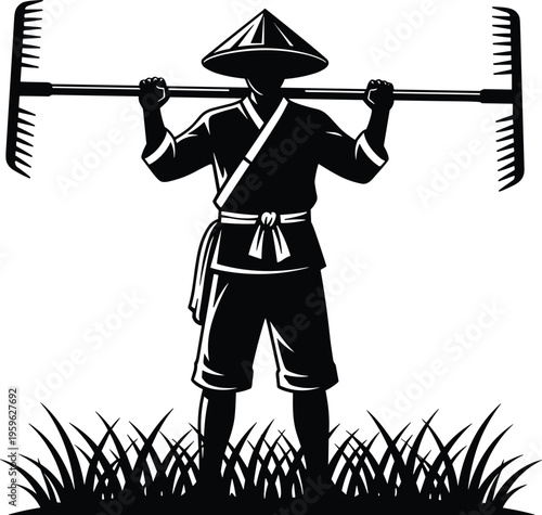 Traditional Asian farmer holding shoulder yoke with twin rakes, standing in grass with conical hat, black and white vector illustration design
