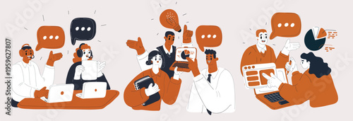 Cartoon vector illustration of business team scenes: man and woman talking to clients on phone, discussing company growth with charts, woman pointing at monitor and discussing with colleague, concept 