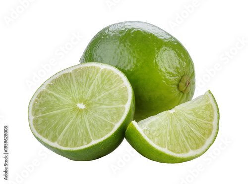 Fresh green whole lime, half lime, and quarter lime slices, perfectly isolated on transparent background, vibrant citrus fruit for healthy recipes PNG