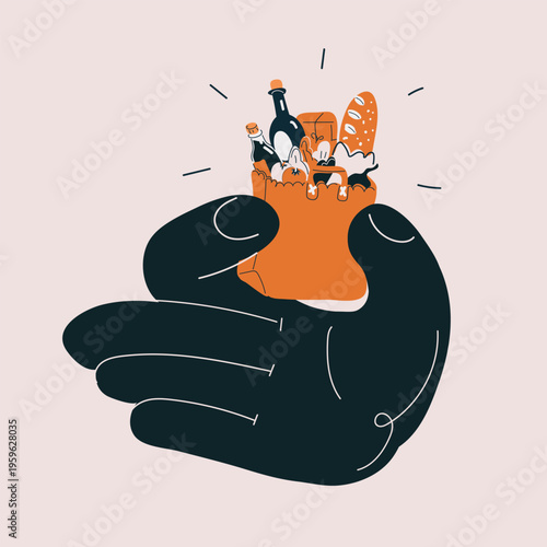 Cartoon vector illustration of hand holding tiny grocery bag, concept of inflation, rising prices and reduced purchasing power
