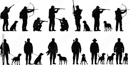 Hunting silhouettes, hunters with dogs, rifle aim, bow hunting, outdoor sport, wildlife pursuit, companionship, adventure, nature activity, hunting illustration