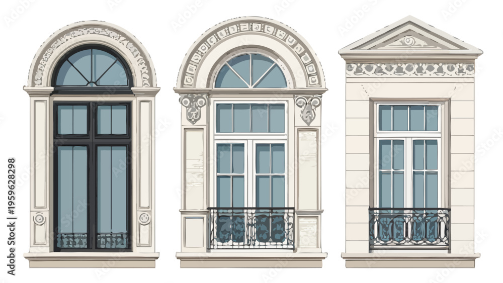 Fototapeta premium Collection of modern building facade window elements with ornate details and balconies
