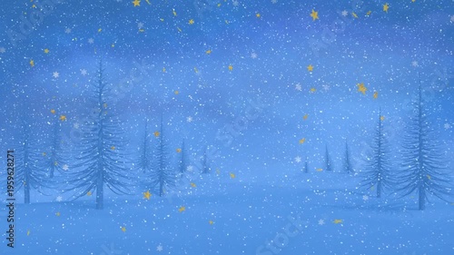 Animation of star shaped with snowflakes and snow moving over landscape and pine trees against sky