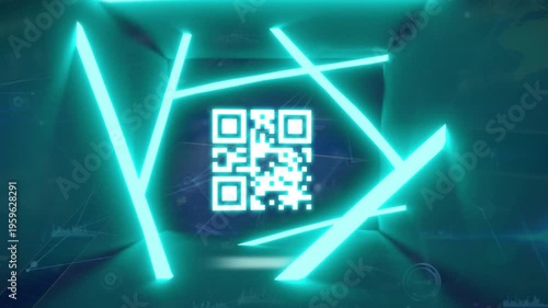 Digital animation of glowing neon qr code against glowing neon qr code on neon blue neon qr code